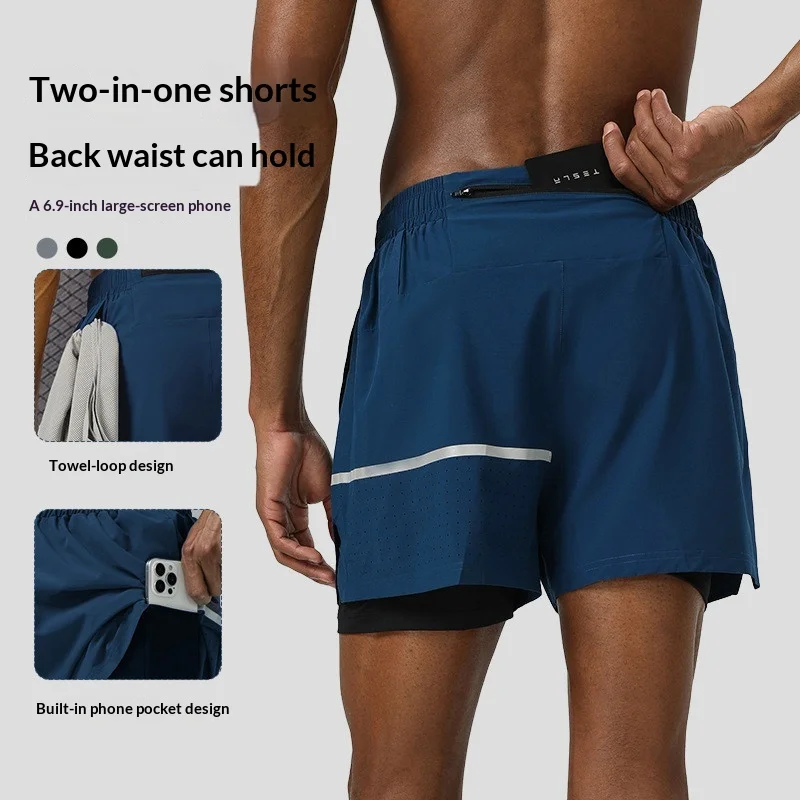 Men's Three Quarter Running Shorts With Back Phone Pocket Breathable Lightweight Quick-dry Marathon Fitness Training Male Short