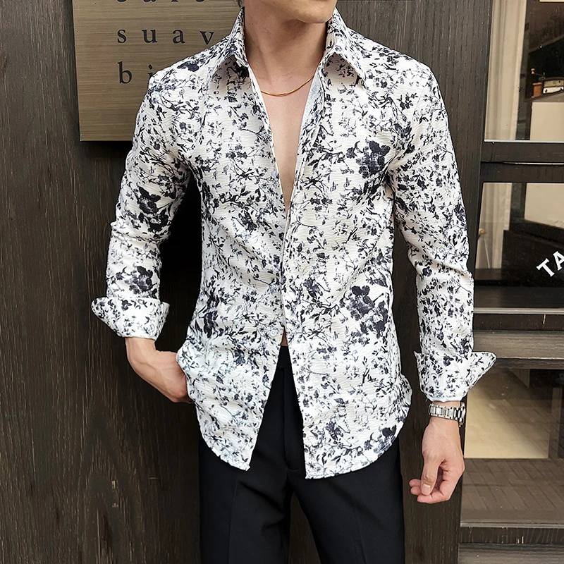 Spring Men's Floral Pattern Shirt Elegant Handsome Long Sleeved Mens Shirts 3D Flower Print Slim Fit Man Dress Shirt Streetwear