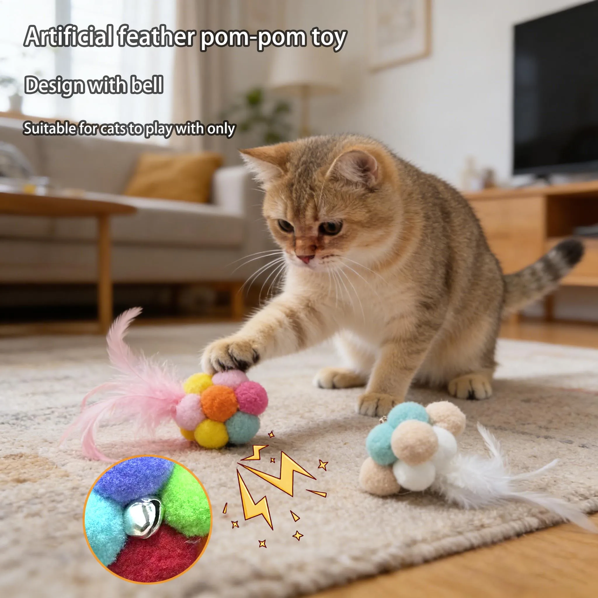 1pc Random Color Funny Cats Bouncy Ball Toys Kitten Plush Bell Ball Toy Cat Chew Toys Interactive Pet Accessories Bell & Fur Bal