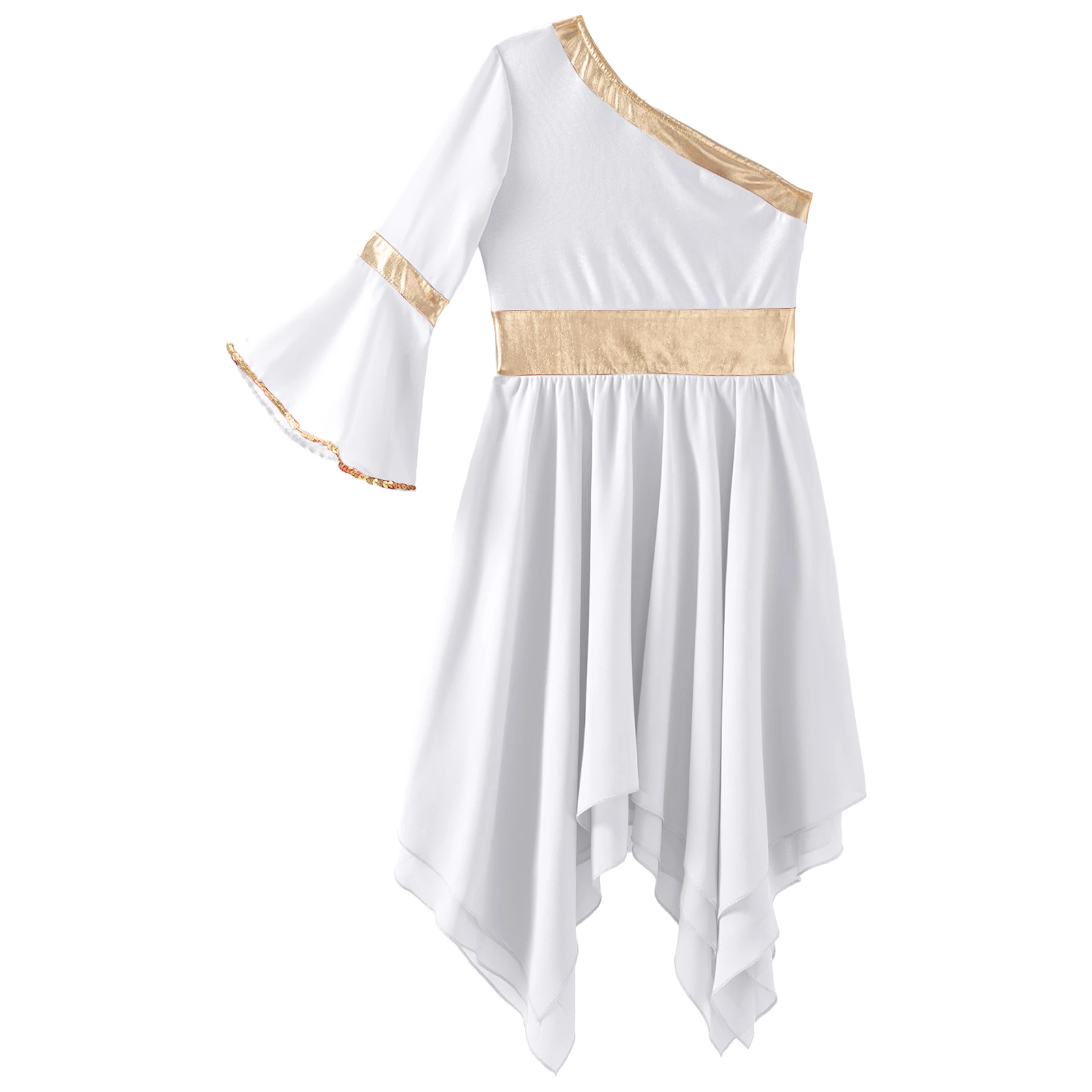 Kids Girls One Shoulder Praise Ballet Lyrical Dance Costume Worship Dress Celebration Irregular Hem Liturgical Dancing Dresses