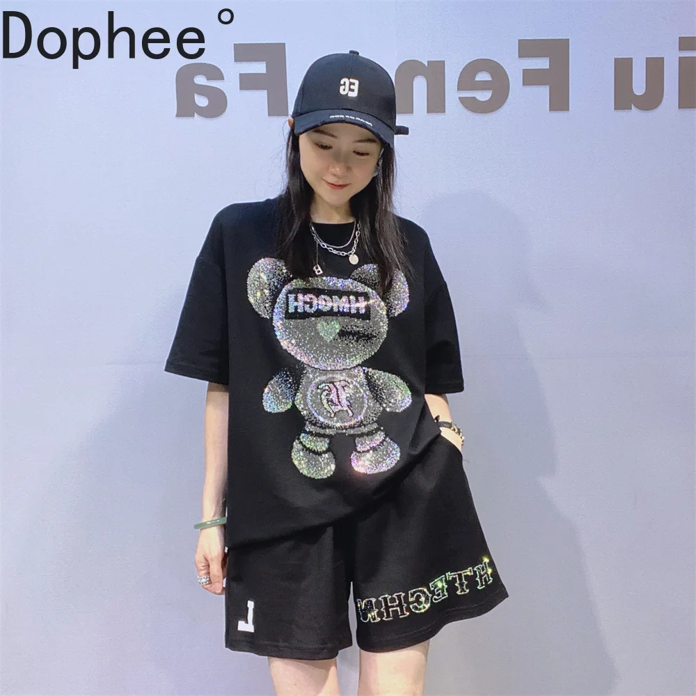

2025 New Summer Women Casual Sports Sets Diamonds Bear O-neck Pullover Short Sleeve T-shirt + Elastic Waist Loose Hot Shorts