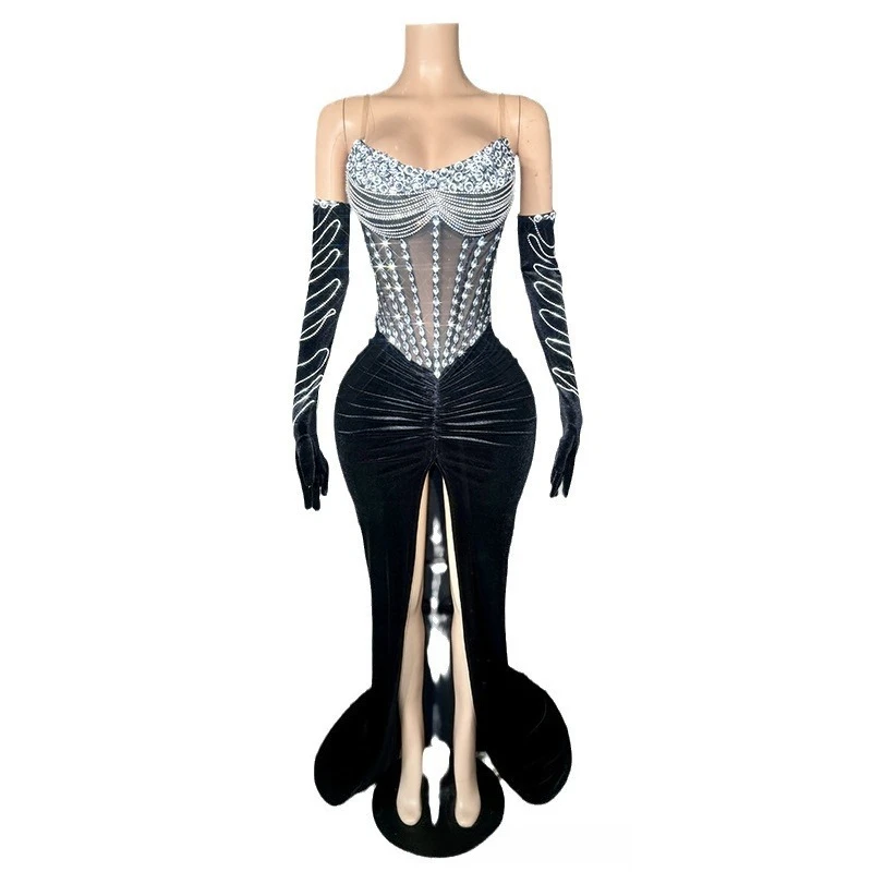 

tube top with gloves, high split banquet evening dress, company annual meeting stage host performance uniform