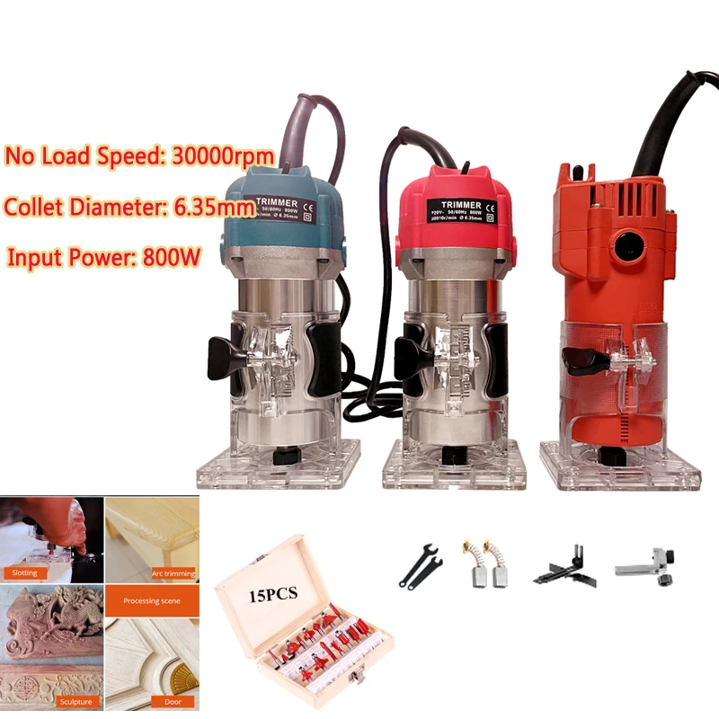 800W Electric Trimmer Wood Milling Engraving Slotting Trimming Machine with Milling Cutter Bits Carving Machine