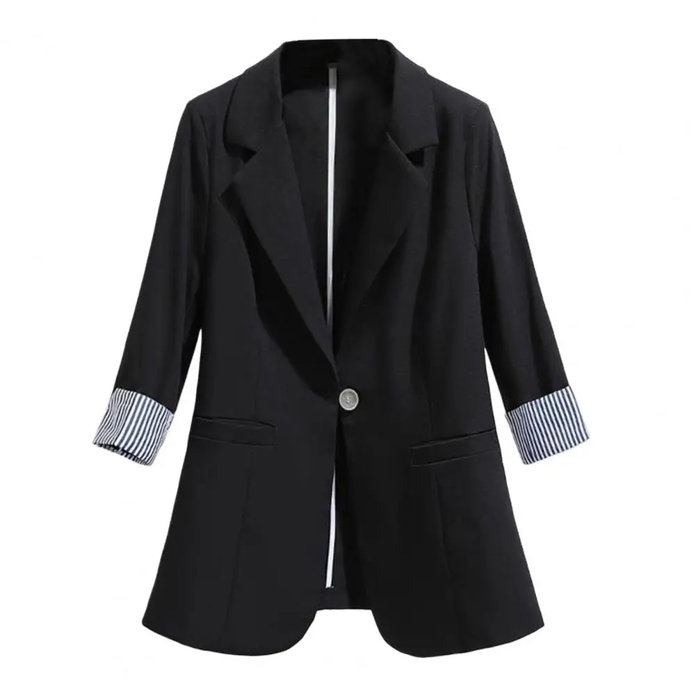 Pockets Design Suit Coat Loose Fit Business Workwear Elegant Lapel Suit Coat with Striped Cuffs Single Button Design for Women