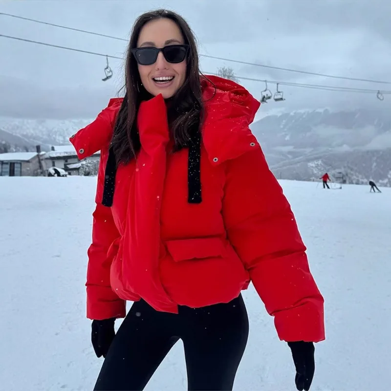 Hooded Hook Loop Short Women Jacket Loose Solid Stand Collar Full Sleeve Zipper Pockets Coat 2026 Autumn Winter Women's Clothing