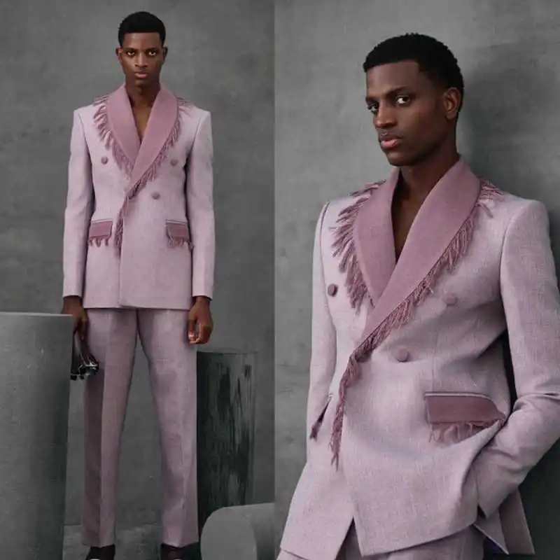 Fashion Men Suits 2 Pieces Jacket Pants Double Breasted Shawl Lapel With Burrs Groom Wedding Tuxedos Custom Made