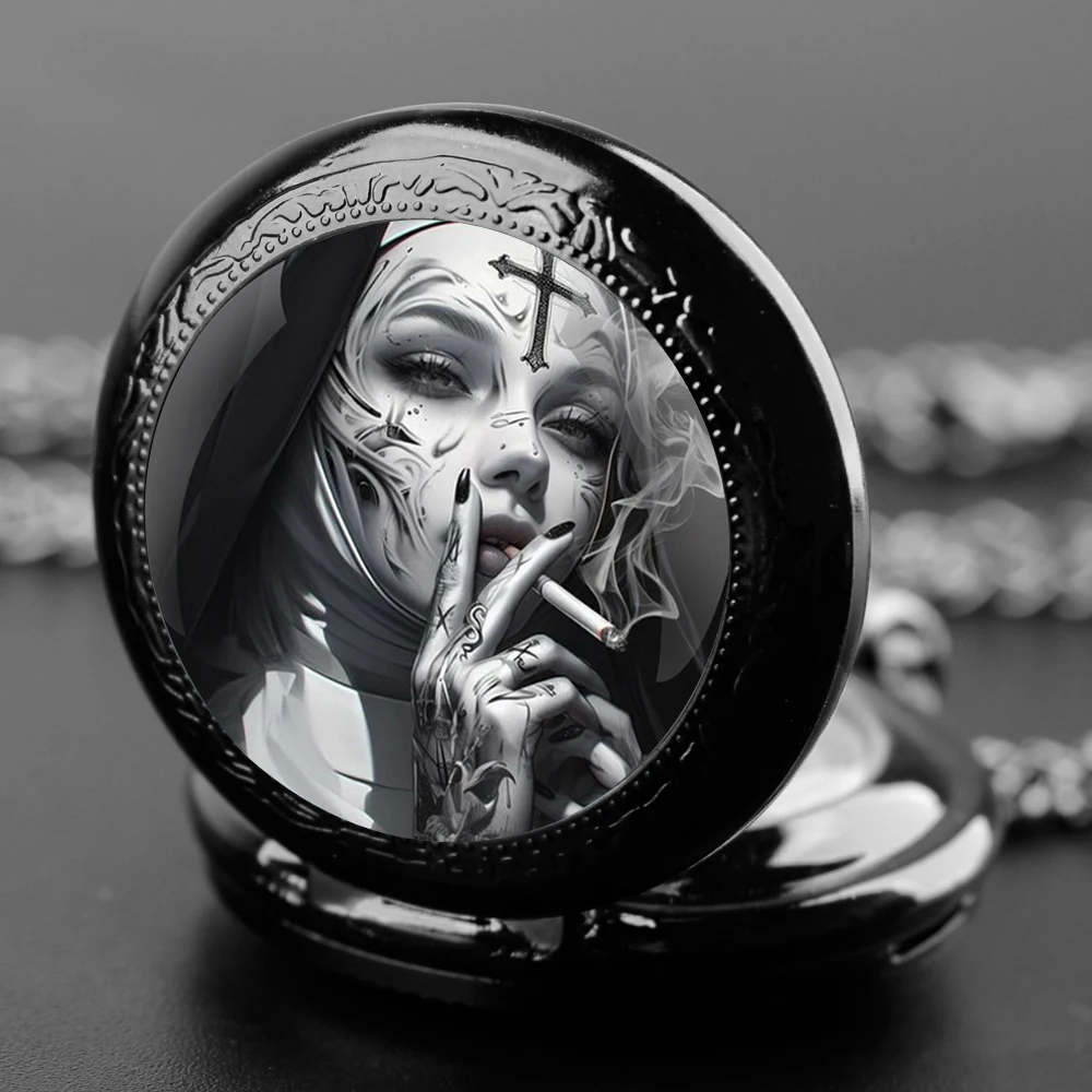 

Cool evil unholy nun Design Black Quartz Necklace Pocket Watch With Chain Pendant Steampunk Vintage Gifts Clock for Women Men