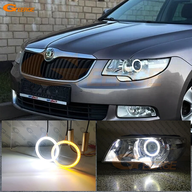 

For Skoda Superb 2 II 3T4 3T5 Pre Facelift 2008 2009 - 2013 Ultra Bright Switchback DRL Turn Signal LED Angel Eyes Halo Rings