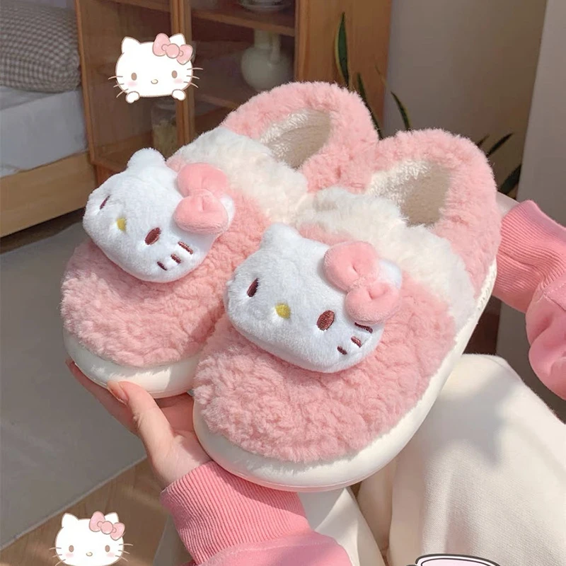 

Hello Kitty Sanrio Package Heel Cotton Slippers Women Cute Winter Outside Wear Non-Slip Thick Bottom Padded Warm Wool Slippers