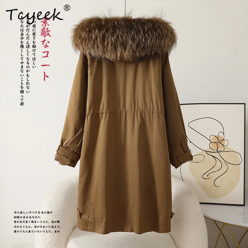 Tcyeek automne hiver détachable col de fourrure de raton laveur loutre fourrure de lapin à capuche couleur Caramel longue femmes Parka manteau de fourrure Veste Femme