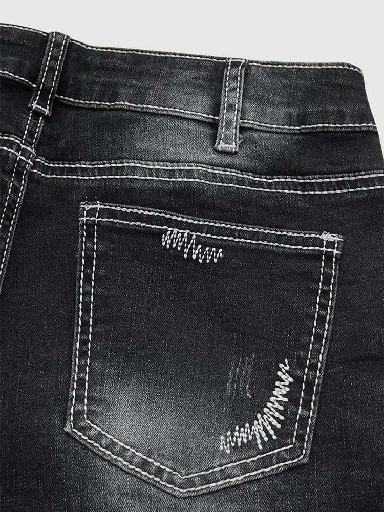 ReddaChic Distressed Black Y2k Jeans for Women Vintage Grunge Slim Fit Low Rise Cross Embroidery Flare Jeans Y2k Streetwearear
