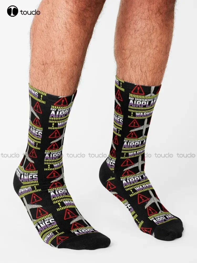 Warning May Spontaneously Talk About Airplanes Socks Cute Socks Personalized Custom Unisex Adult Teen Youth Socks Custom Gift