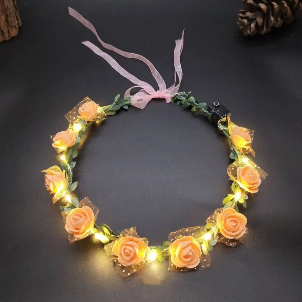 

Elegant For Girls Wedding Rose Flower Party Foam LED Light Garland Women Headwear Wreath Decoration Crown Flower Headband