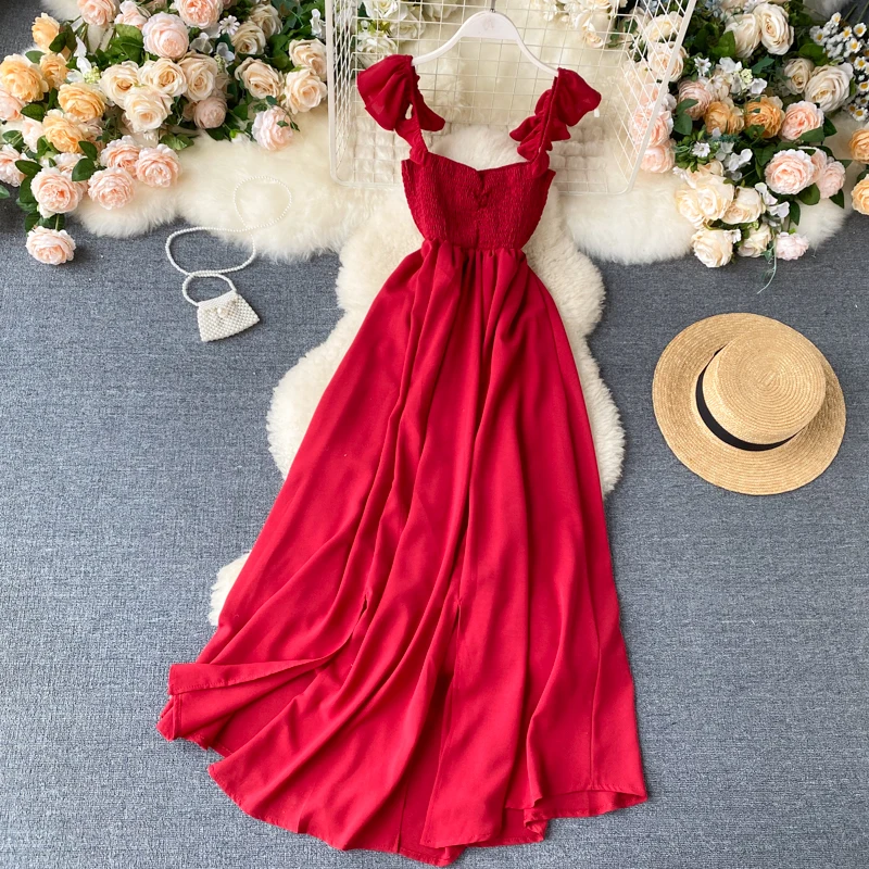 

Chic Summer Women's Long Dr Elastic Waist Strap High Waist mid Length A-Line Gown Korean Sle Commute Pure Color Bal