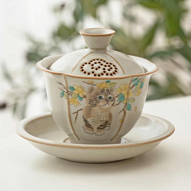 

Ruyao Cat Three Cover Bowl A Single High-grade Open Piece Can Be Raised Tea Bowl With Cover Is Not Hot Kung Fu Tea Set