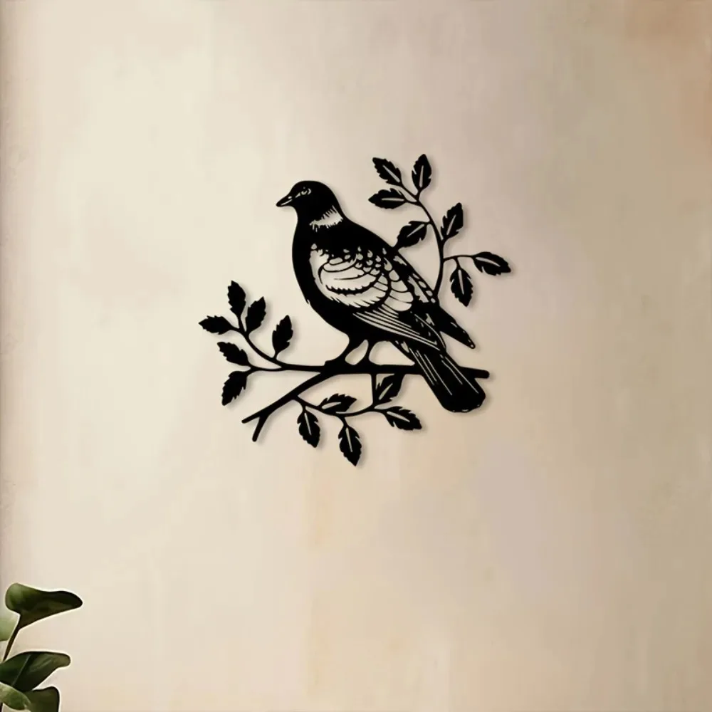 1pc Iron Dove Wall Art, Rustic Metal Bird Sculpture, Realistic Feathers Branch Design for Outdoor Indoor Garden Decor
