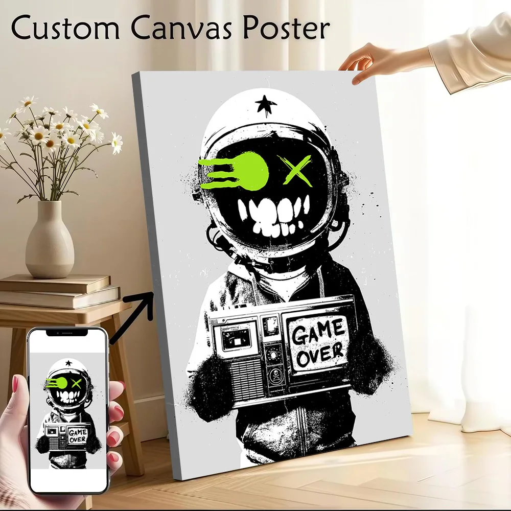 Astronaut With Boombox 'Game Over' Canvas Poster Customizable Printed Canvas Painting Wall Art for Fans Wand Deko Room Ornaments