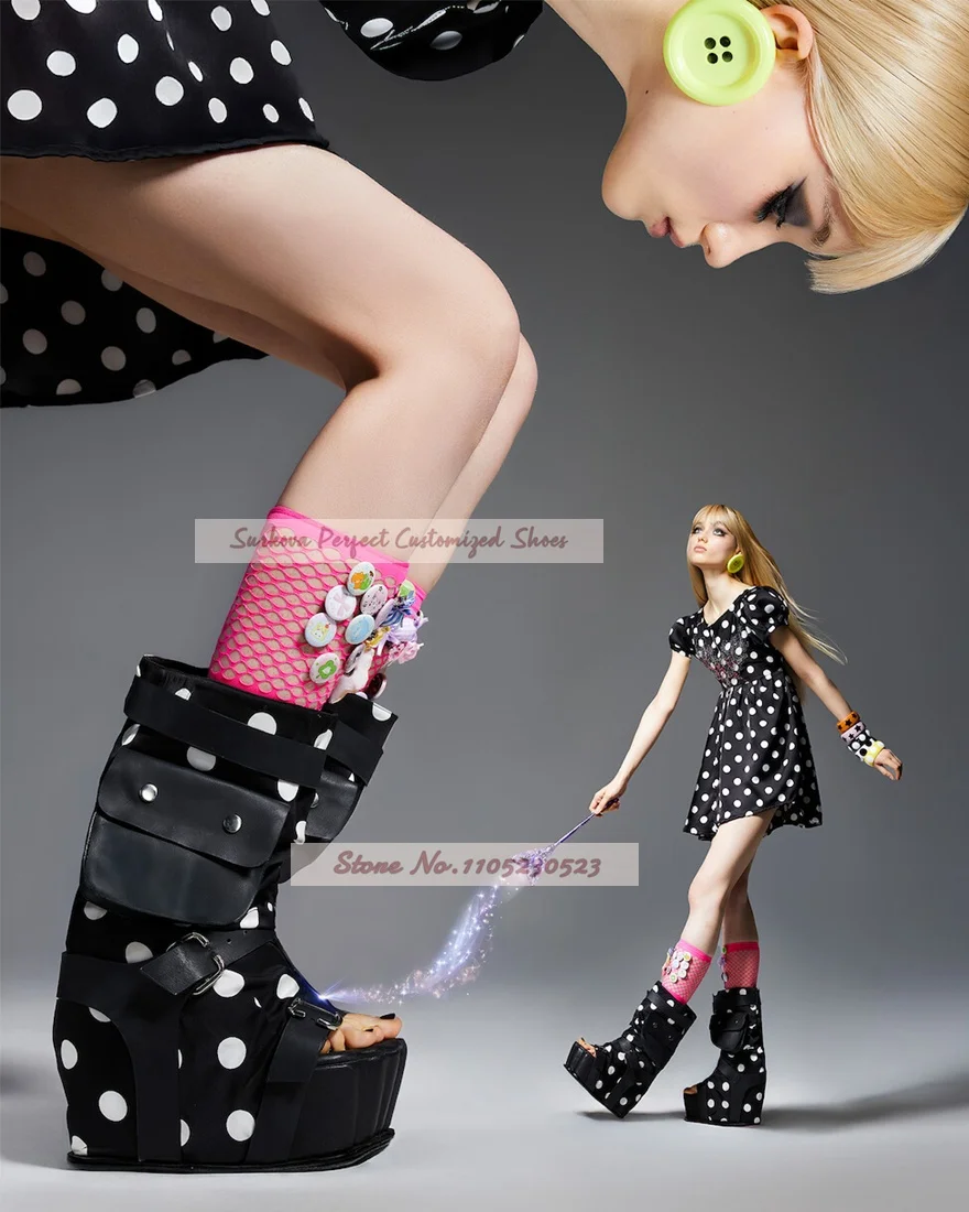 Polka Dots Peep Toe Wedged Slouchy Mid-Calf Boots Pocket Decor Buckle Straps Platform Middle Sandal Boots Goth Punk Footwear