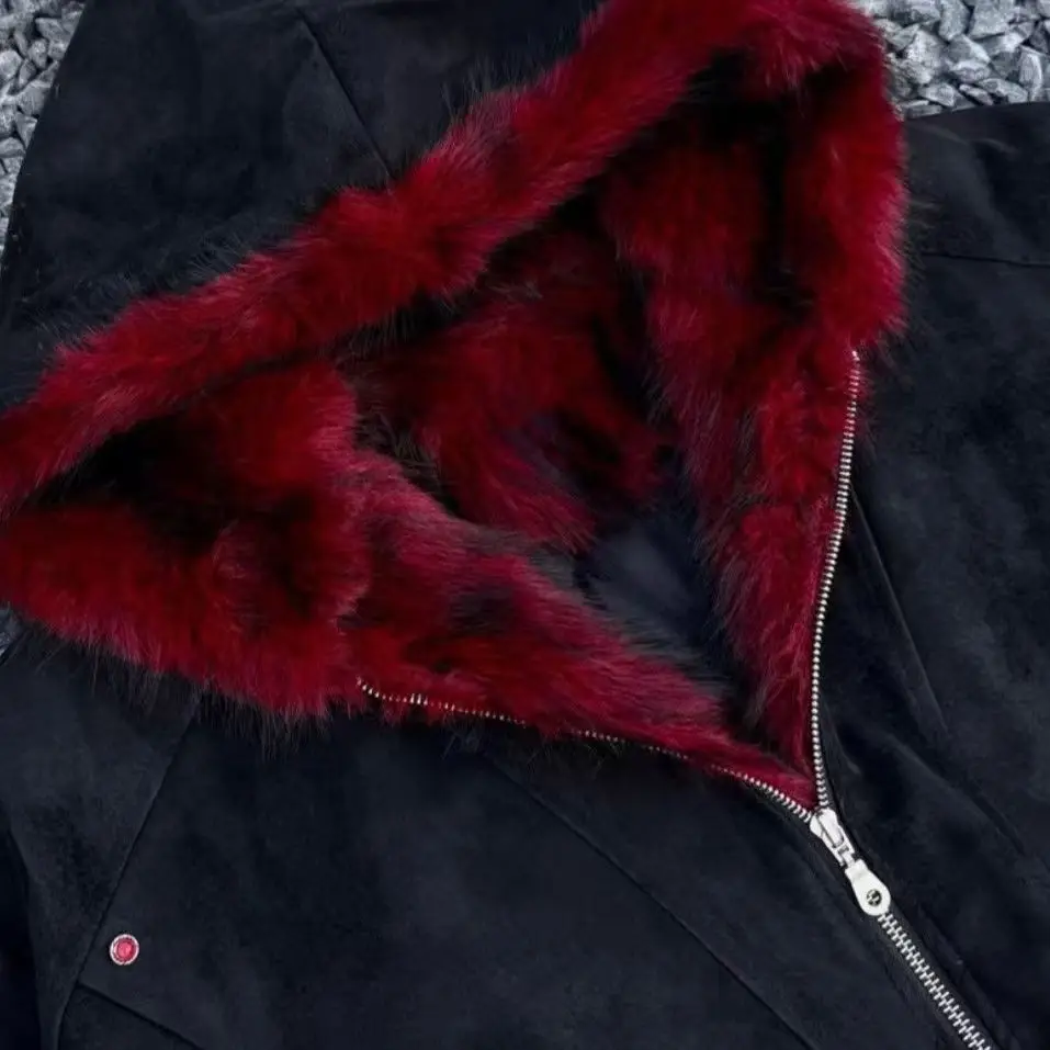 

Black Gothic Fur Collar Thickened American Retro Mountain Sculpture Men And Women Fashion Punk Loose Oversized Casual Jacket