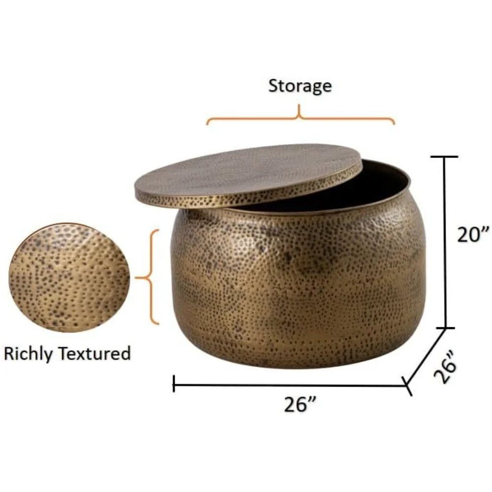 Modern Round Brass Metal Drum Coffee Table - Aluminum Hammered Embossed Texture, Removable Lid for Storage,