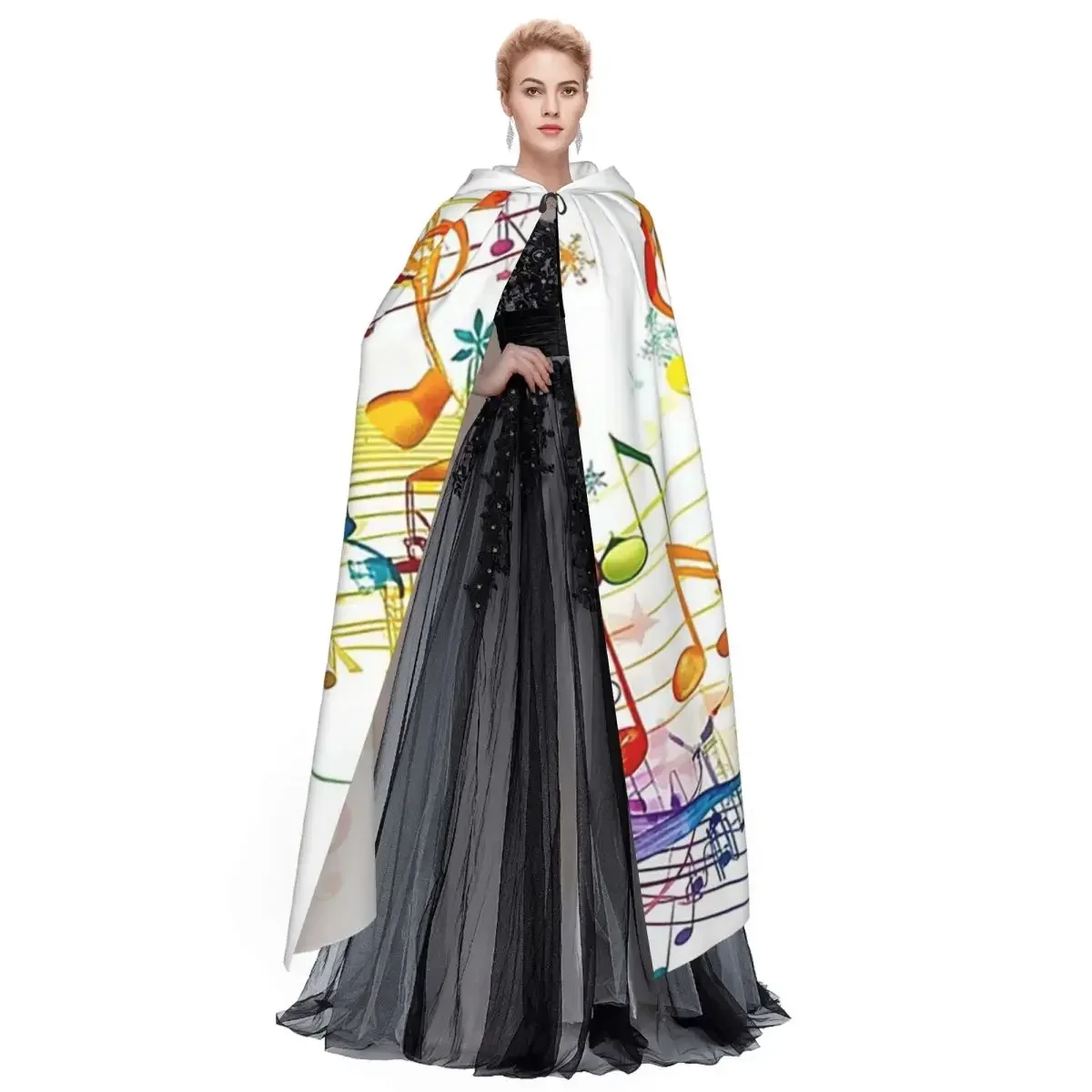 Customization Abstract Piano Keys With Musical Notes Long Hooded Cloak Witch Medieval Costume Cosplay Cape HalloweenCoat Adult U - view 4