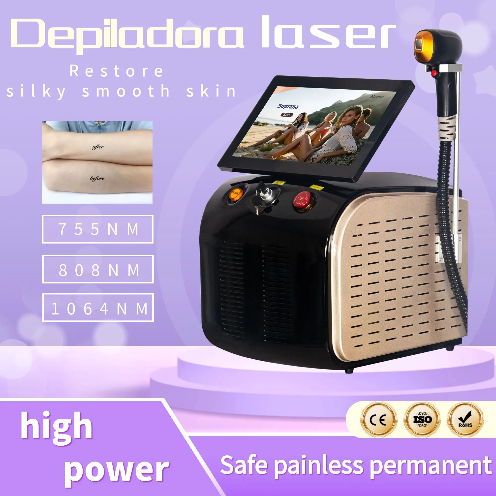 Diode Laser 3 Wavelengths Hair Removal Machine High Power Safe painless and permanent hair removal Suitable for all skin tones