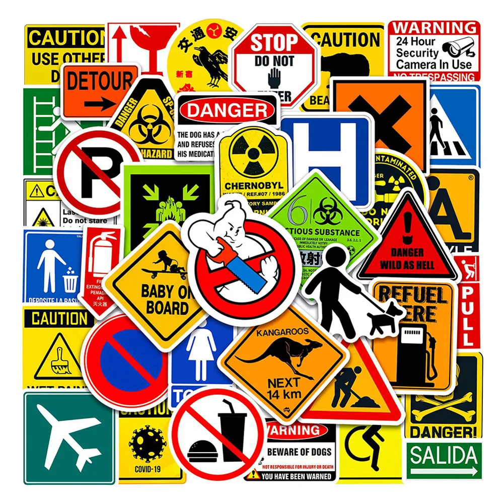 50pcs Funny Warning Stickers Danger Banning Sign Car Scooter Motorcycle Suitcase Violation Sticker Graffiti Stickers