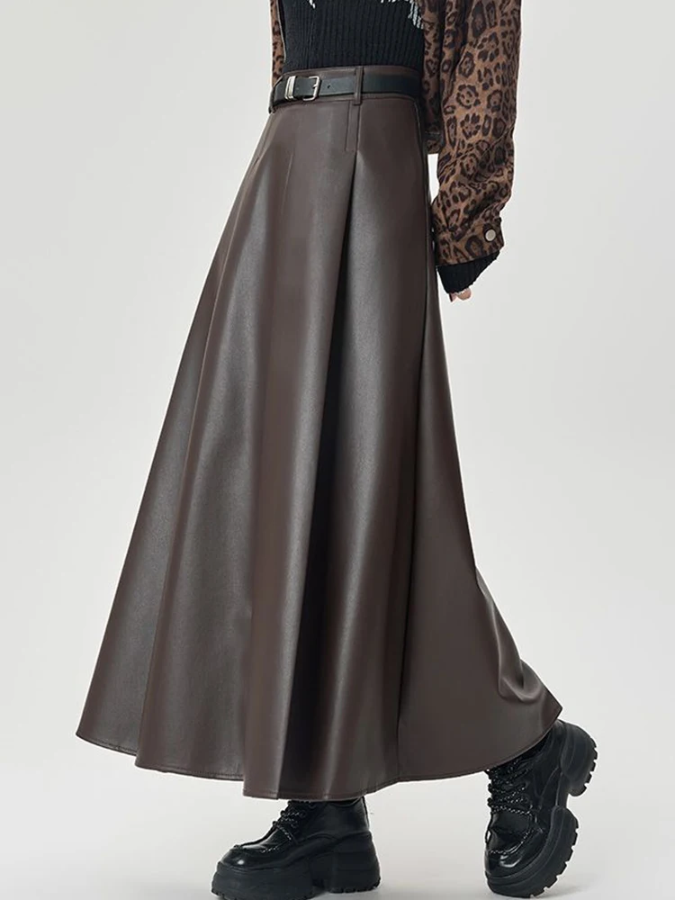Jupes mi-longues Vintage en cuir PU pour femmes, Y2K, taille haute, Streetwear avec ceinture plissée, élégantes, couleur unie, jupes trapèze, automne