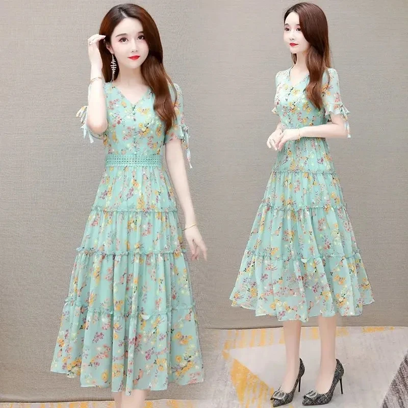 New Summer Short Sleeve Midi Dress Women Fashion Print V-Neck Bodycon Beach Dress Ladies Elegant Floral Chiffon Party Vestidos