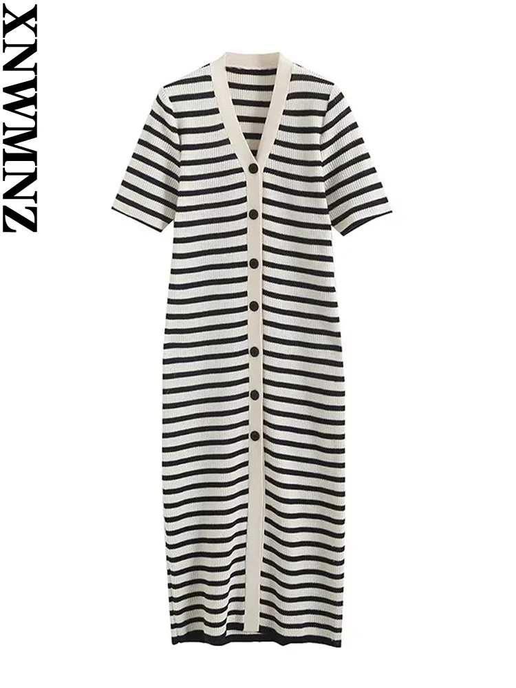 XNWMNZ Women's Fashion 2023 Knitted Stripe V Neck Long dress Women Vintage Short Sleeve Front Button Versatile Female Dresses