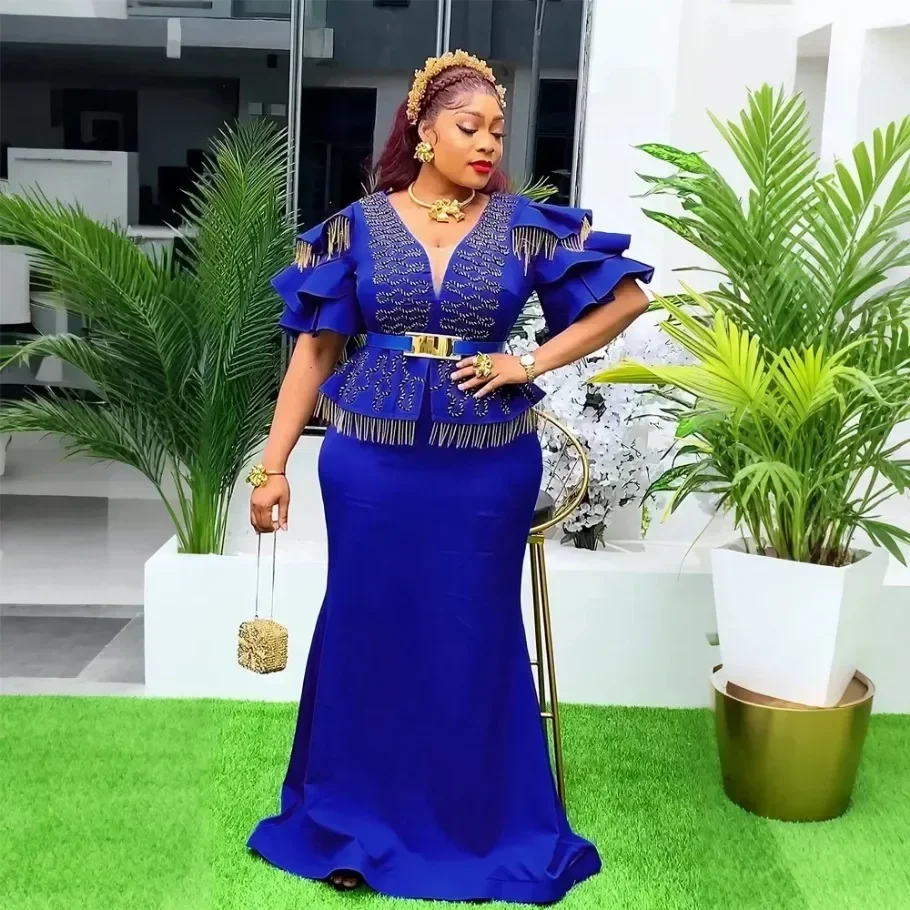 فساتين حفلات الزفاف الأفريقية الأنيقة المخصصة مقاس كبير للنساء للخريف الأفريقي برقبة على شكل حرف v فستان طويل ماكسي لعيد الميلاد Dre