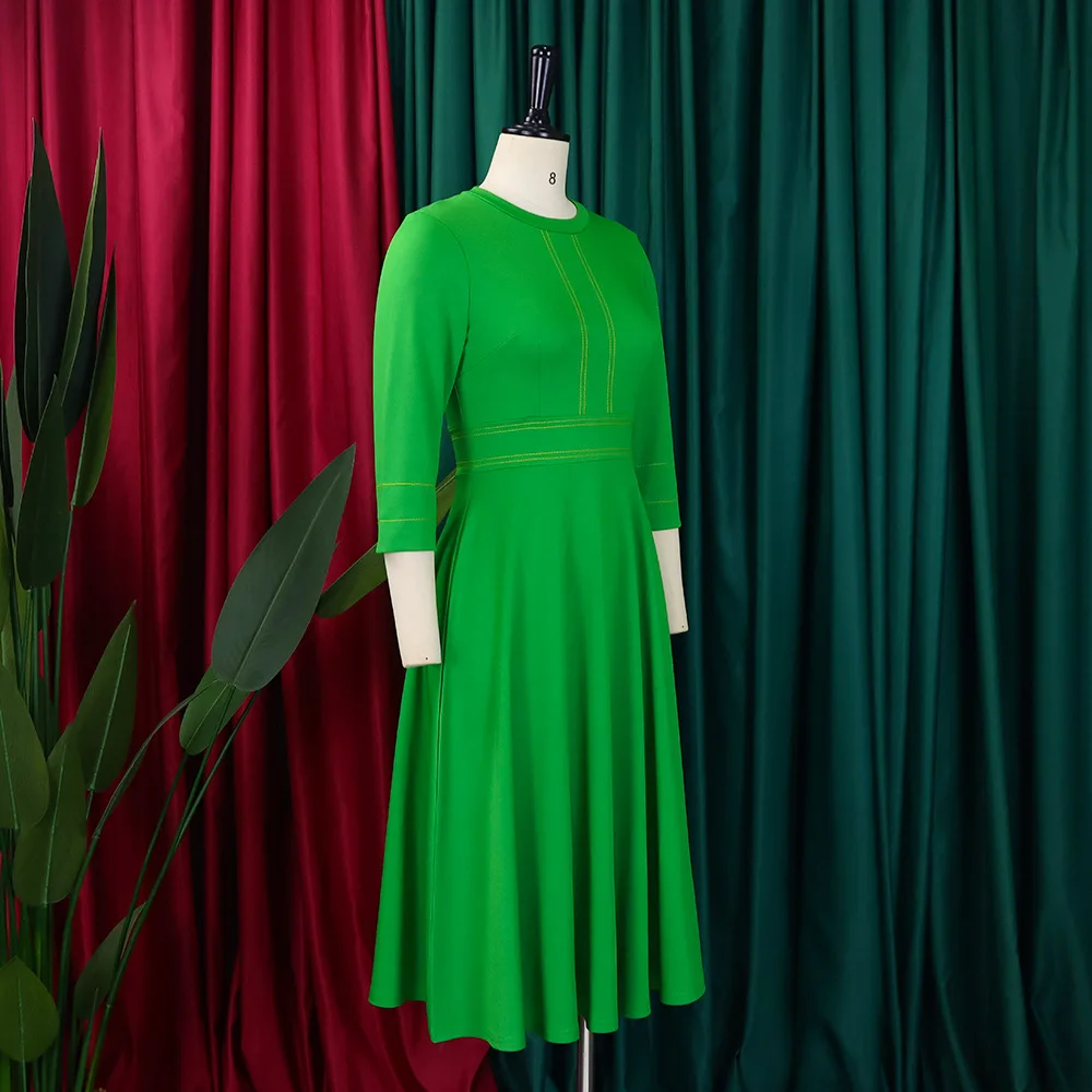 JENYAGE Damen Einfarbiges Dehnbares Kleid mit Stehkragen, Goldener Paspelierung, 3/4-Ärmeln, A-Linie, Midi-Länge, Elegantes Büro- und Partykleid in Übergröße – Detail 9