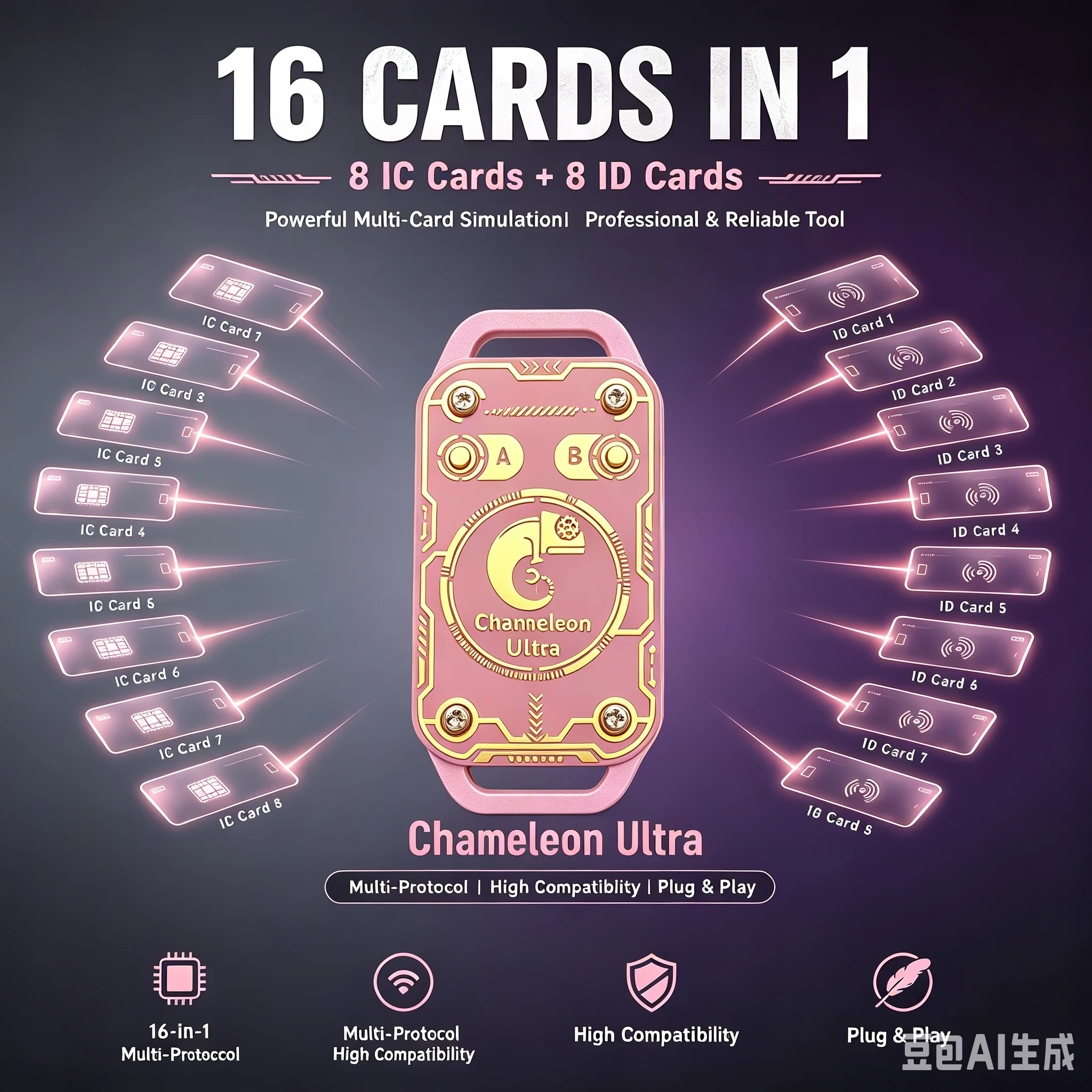 Chameleon Ultra RFID Reader Writer 16‑in‑1 Simulation 8 IC+8 ID Card Copier 125KHz 13.56MHz Duplicator Access Control Card Progr