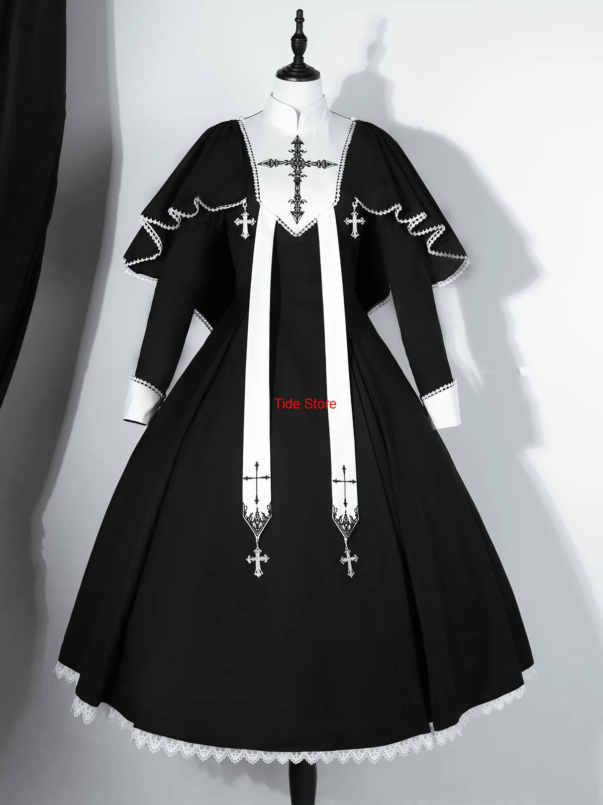 

Monastery Nun Lolita Dark Gothic Style Long Lolita Dress with Long Sleeves and Cape for Spring Autumn Halloween Cosplay Costumes