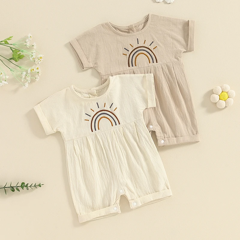 

2024-02-01 Lioraitiin 0-12M Summer Infant Baby Girls Boys Jumpsuit Short Sleeve Embroidery Rainbow Romper Clothes