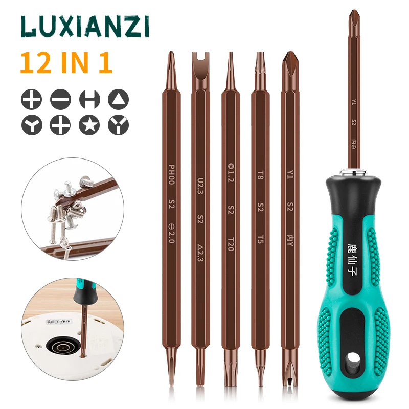 LUXIANZI 12in1 Precision Screwdriver Set With Magnetic Adjustable Bits Two-Way Screw Driver Multi-function Repair Hand Tool Kit