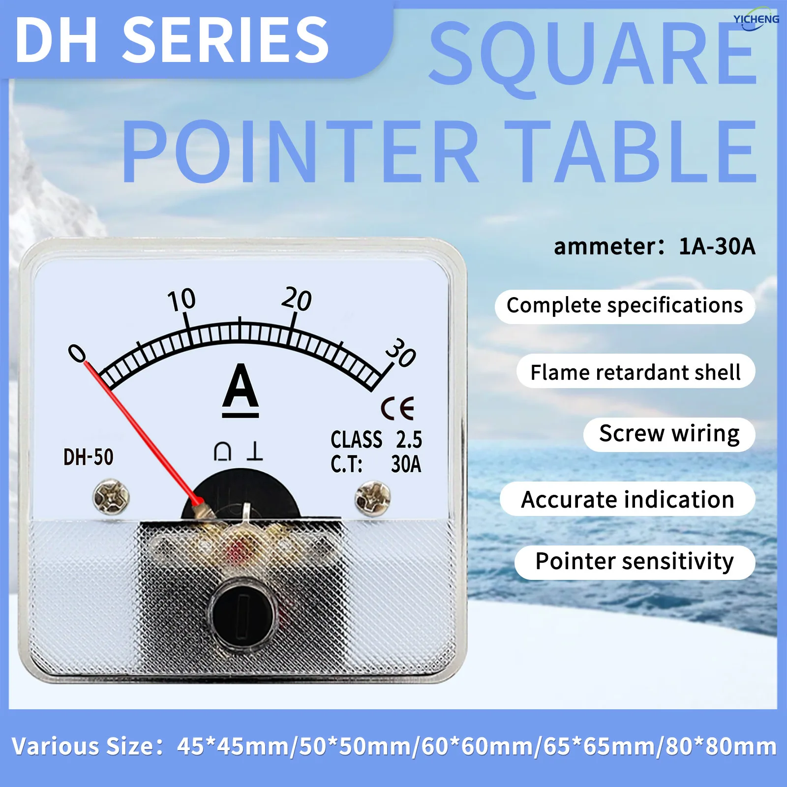

YICHENG DC/AC Ampere meter 1A2A3A5A10A20A30A50A. DH series panel size 45mm/55mm/60mm/65mm/80mm.Direct connection