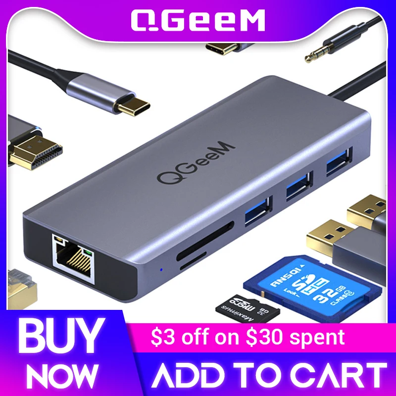 QGeeM USB C Hub for Macbook Pro Air HDMI VGA Micro SD Card Readers RJ45 Aux PD OTG Multi USB Hub Type C 3.0 Adapter for Notebook