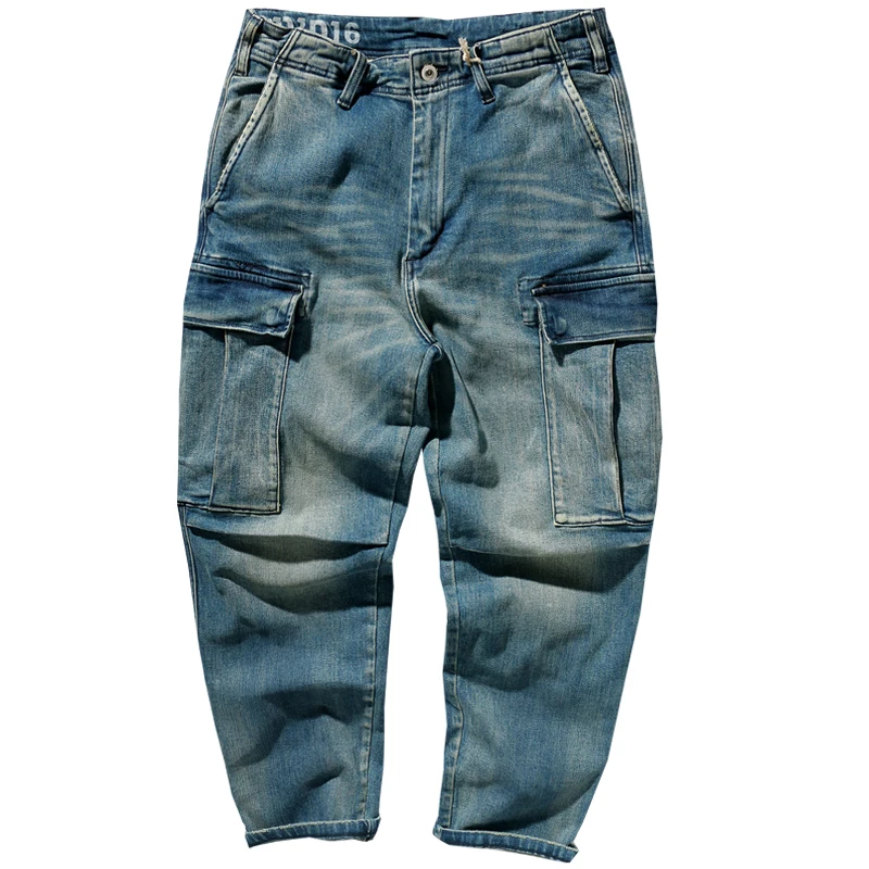 Trousers men\'s nine minutes pants loose small straight retro washed old heavy stretch jeans.