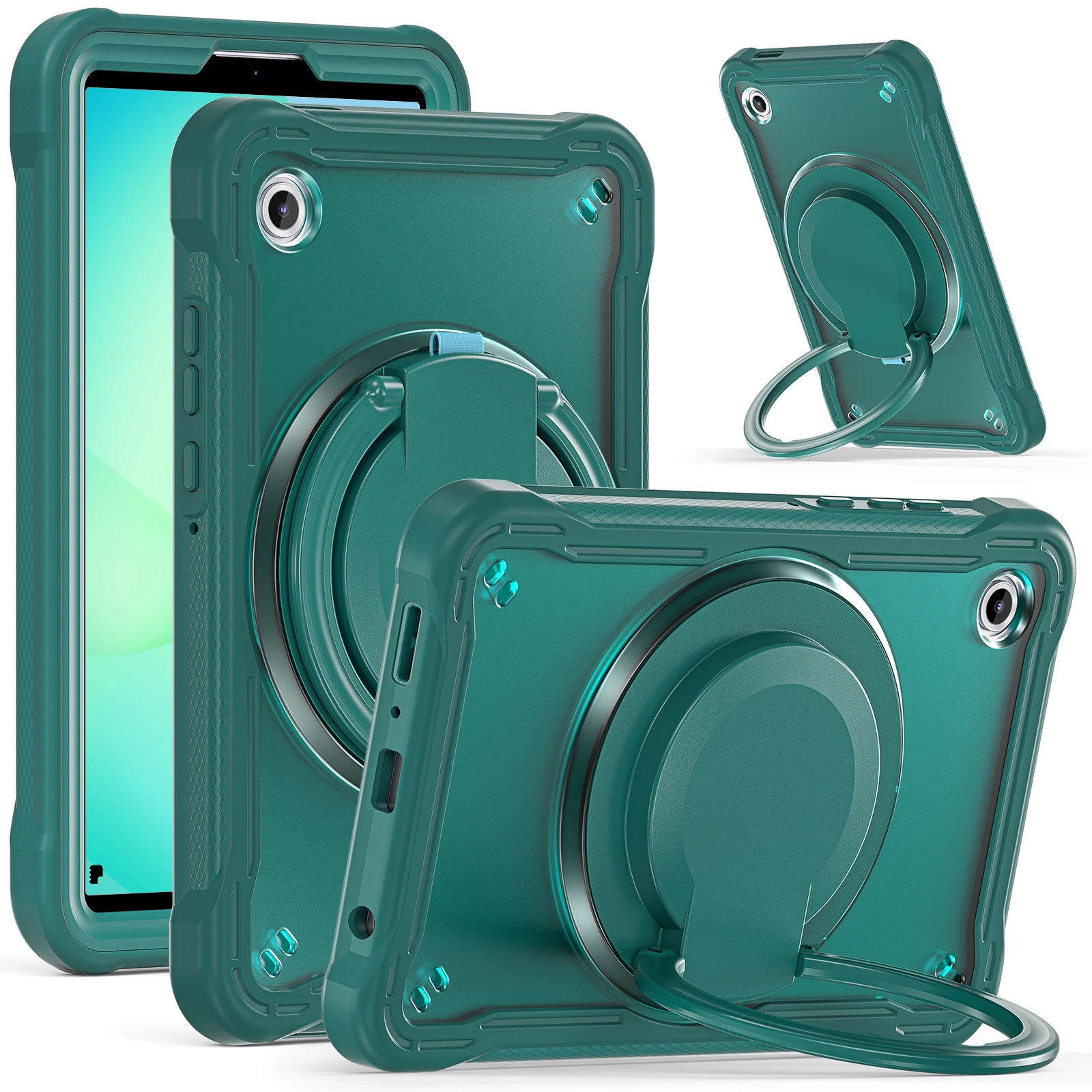 For Samsung Galaxy Tab A11 Case Rotary Kickstand PC + TPU + Silicone Tablet Cover - Midnight Green
