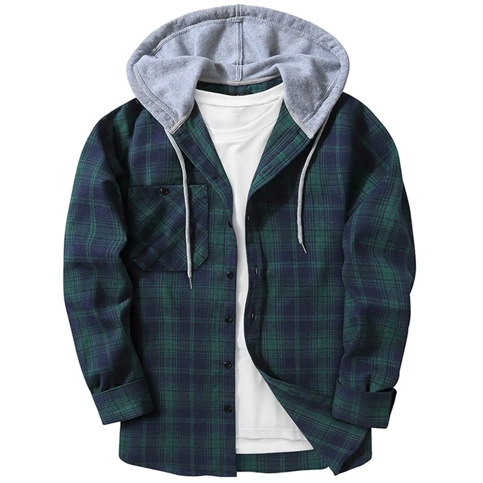 

Men's Hooded Plaid Shirt Autumn Season Long Sleeve Brit Style Fashionable And Durable Checkered Top for Casual Wear