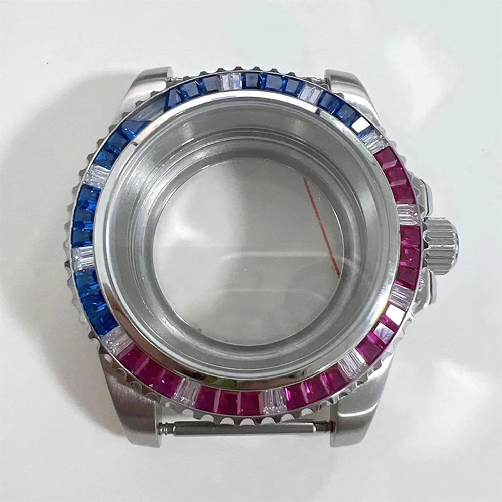 

Unidirectional Red-Blue/Black/Blue/Green Crystal Bezels Transparent Bottom Watch Case 40mm Sapphire Case for NH35 NH36 Movement