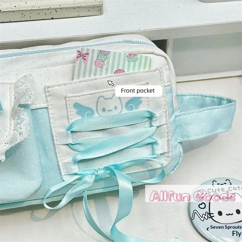 Portable Bow Lace Design Pencil Case Large Capacity Multi-Layer Pen Bag Polka Dot Handheld Stationery Organizer School Supplies