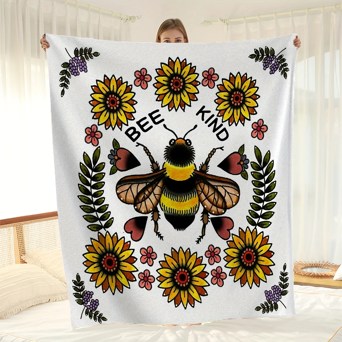 1pc Vintage Bee Floral Print Blanket, Cartoon Flannel Blanket, Soft Warm Throw Blanket Nap Blanket For Couch Sofa Office Bed Cam