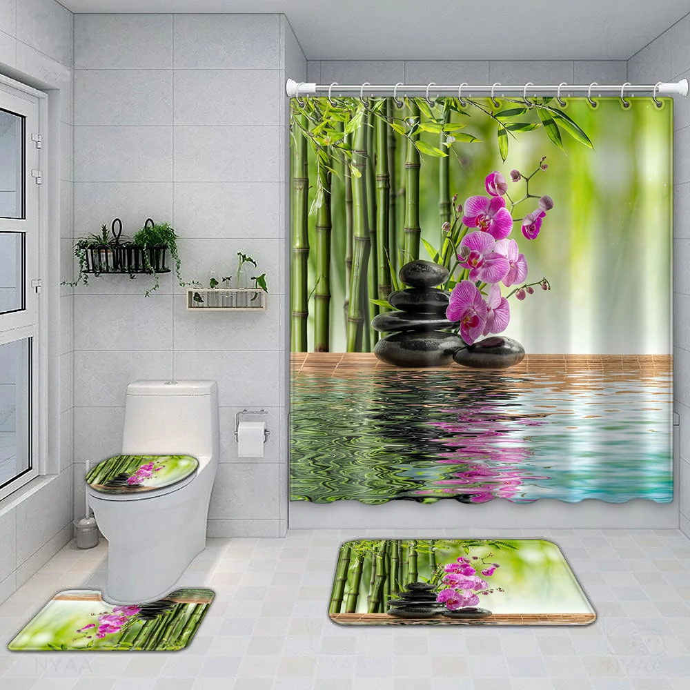 4-piece set of SPA pebble bamboo pattern waterproof shower curtain with 12 hooks,printed curtain, bathroom floor mat