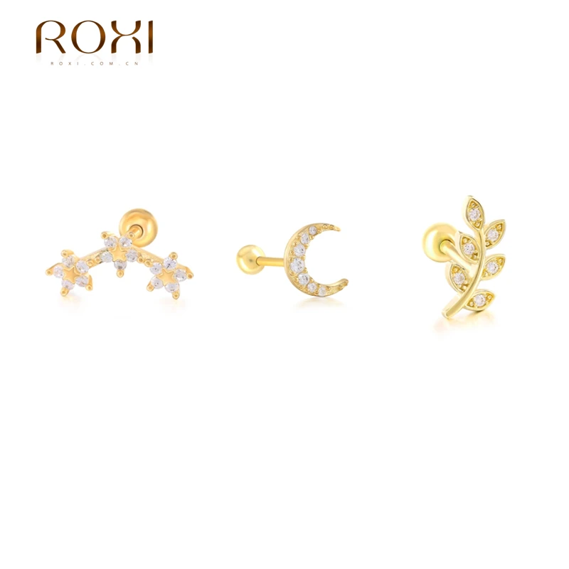 ROXI 925 Sterling Silver 1C Cubic Zirconia Star/Moon/leaves piercing Stud Earrings for Women 18K Gold/Silver jewelry Gifts