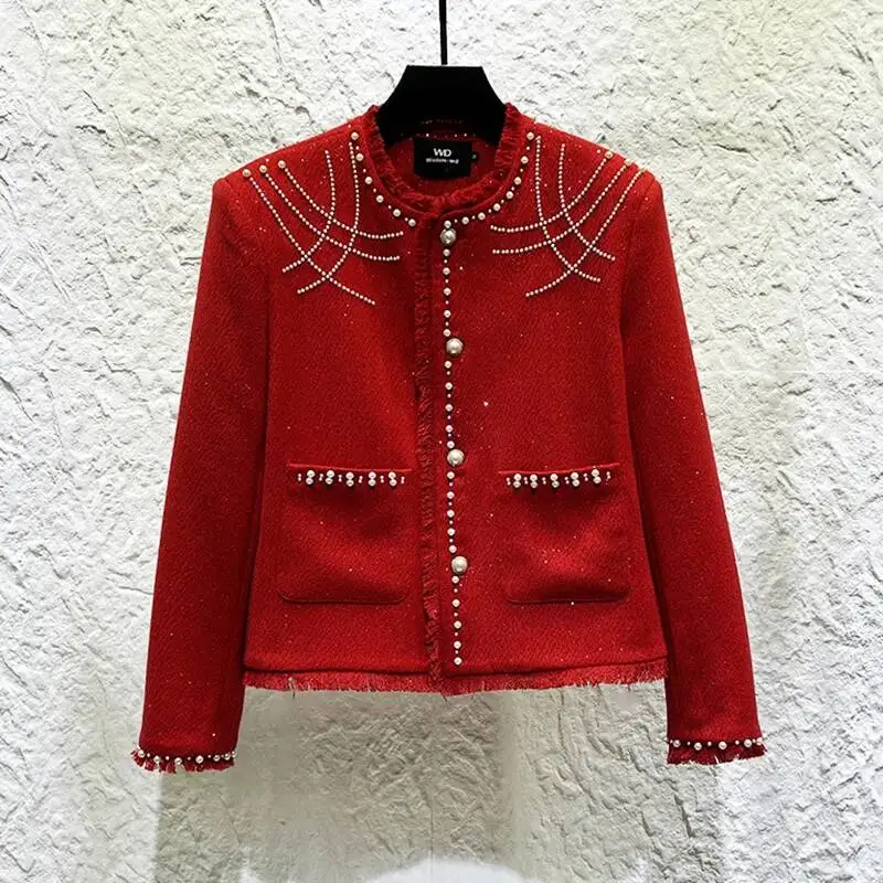 Fashionable Men Jacket New Design Beaded Decoration Long Sleeve Single-breasted Round Neck Personality Short Coats DFR56