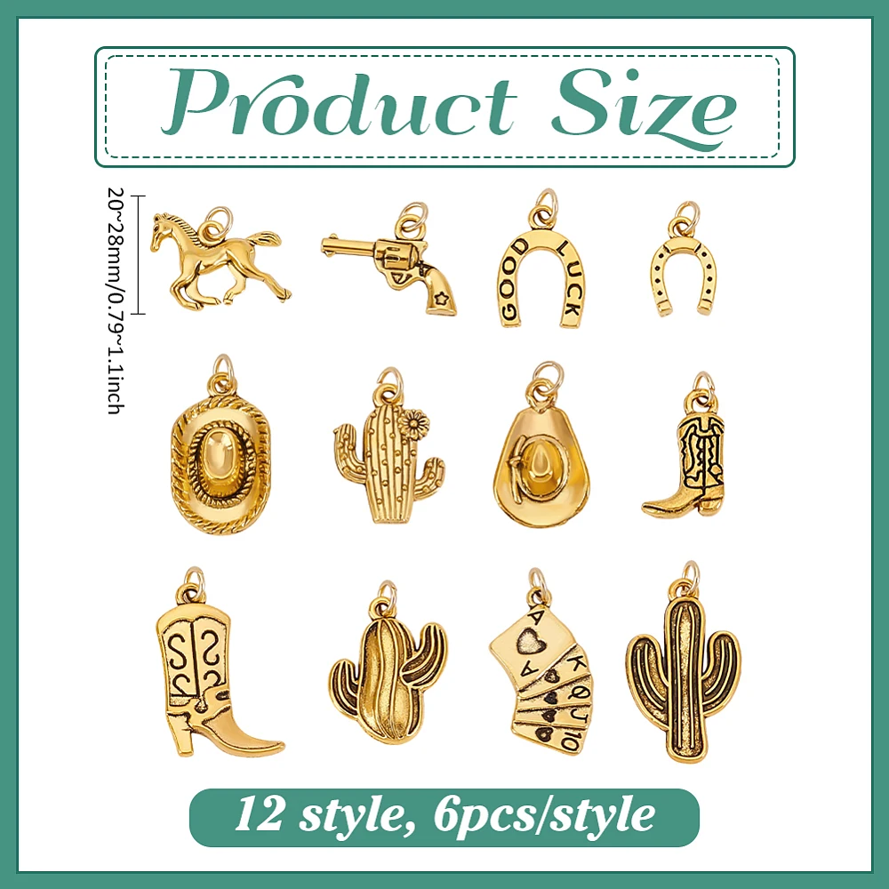 72pcs Western Cowboy Charms Gold Bracelet Charms 12 Styles Cowgirl Country Charm for Boot Hat Horses Western Charms 0.78~1.1