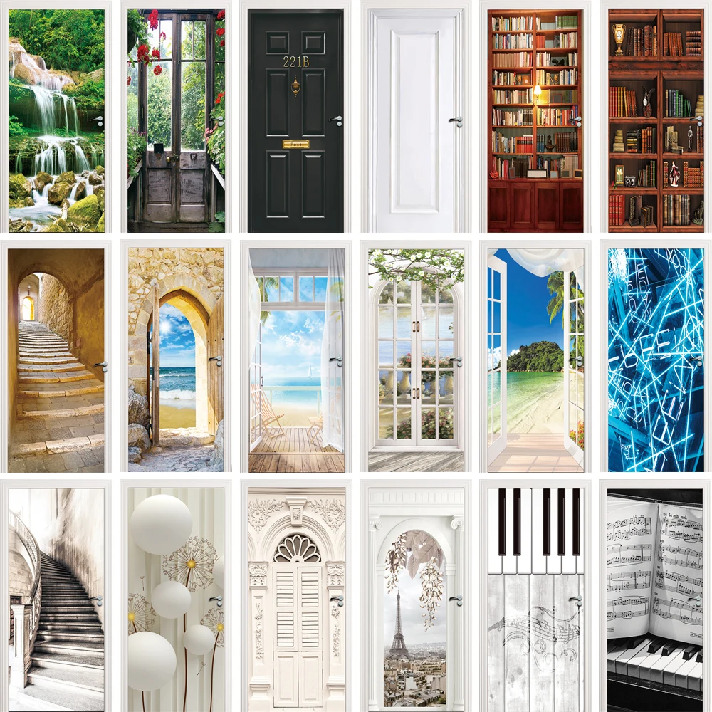 Customized Size Door Sticker Adhesive 3D Elevator Geometric Full Door Wrap Poster Landscape Door Mural Wallpaper Wall Art Decals