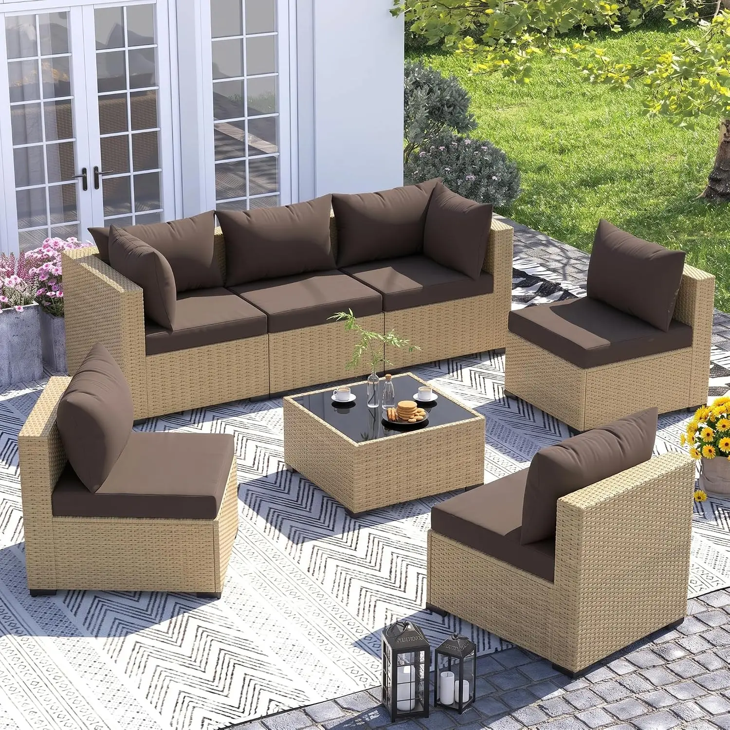 7-Piece Wicker Patio Furniture Set Non-Slip Cushion Outdoor Garden, Customized